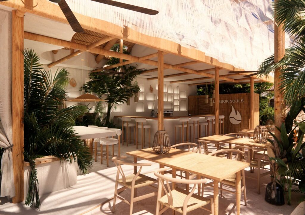 Restaurante Lombok Isla Bonita al aire libre con diseño natural.